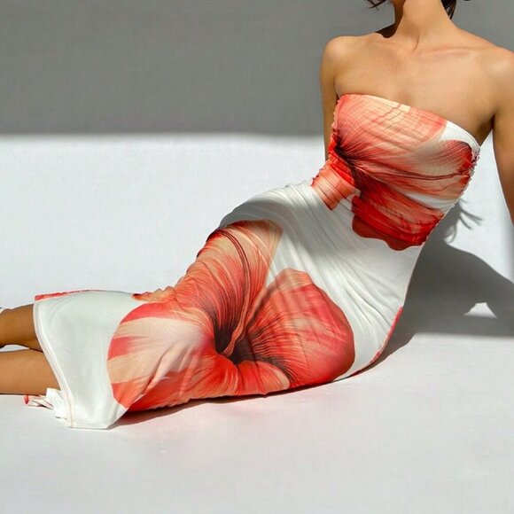 Multicolor Sexy Women's Romantic Date Strapless Printed Bodycon Dress - Picture 4 of 5